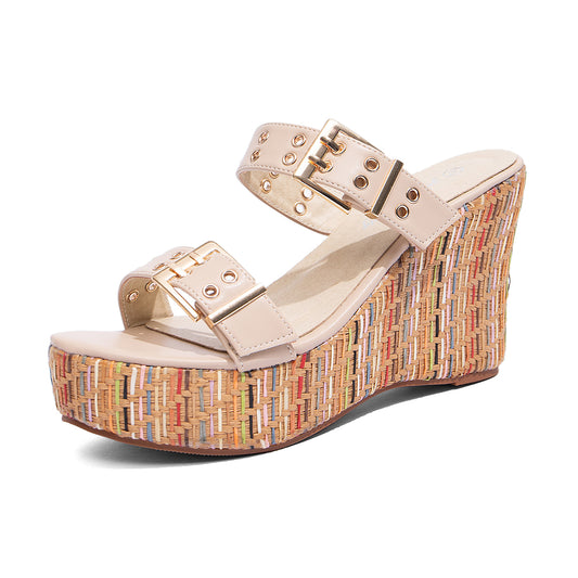 Women's Slides Wedge Sandals with Buckle Strap Slip On Peep Toe Platform Sandals High Heels Shoes