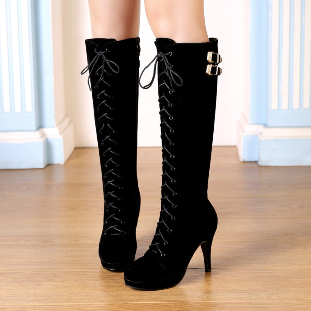 Suede Buckle Lace Up Knee High Boots High Heel Boots